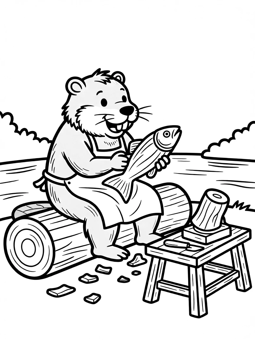 A beaver woodcarver creating sculptures with its teeth