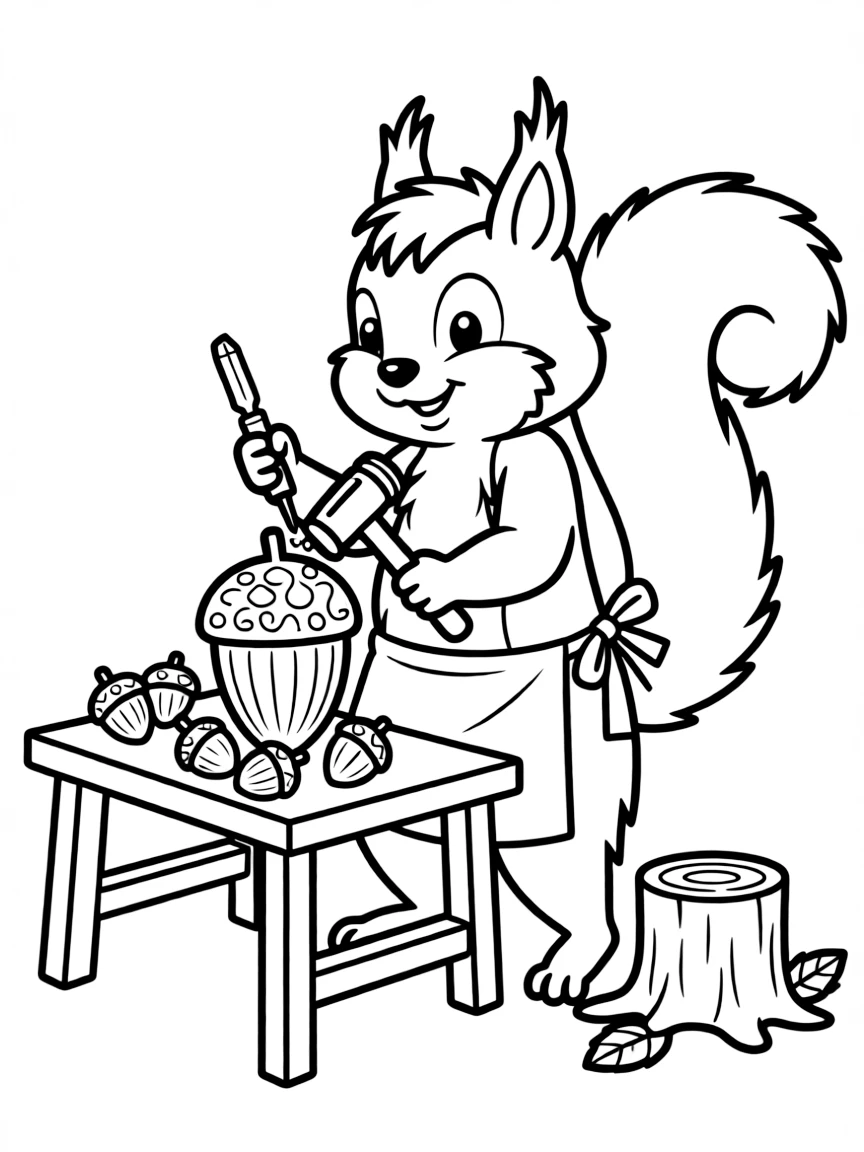 A squirrel sculptor carving acorn statues