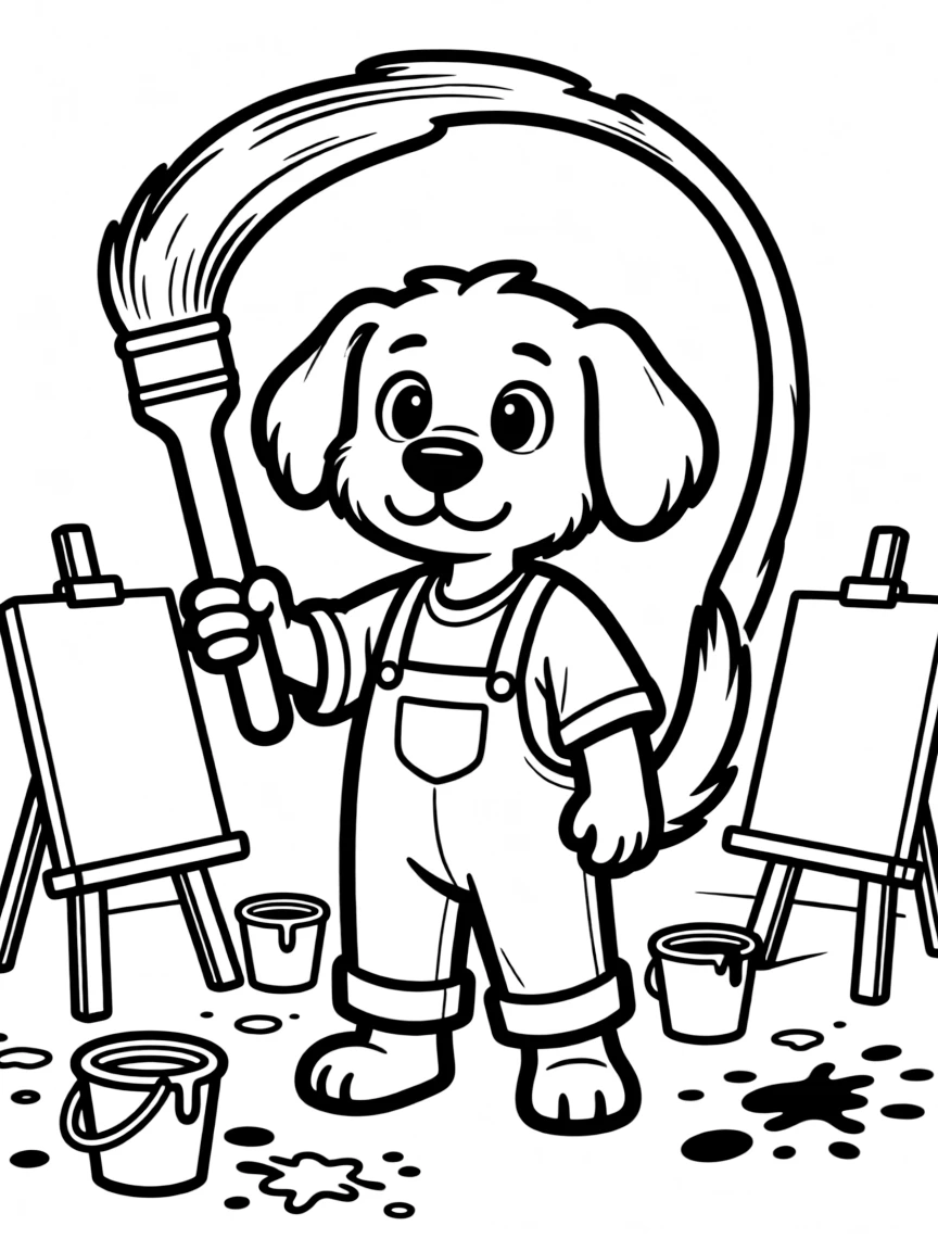 A dog painter with a tail paintbrush