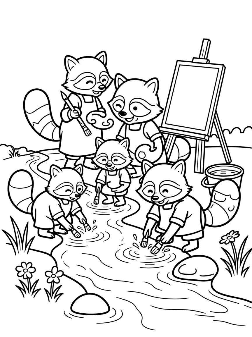 A family of raccoon artists washing colors in a stream