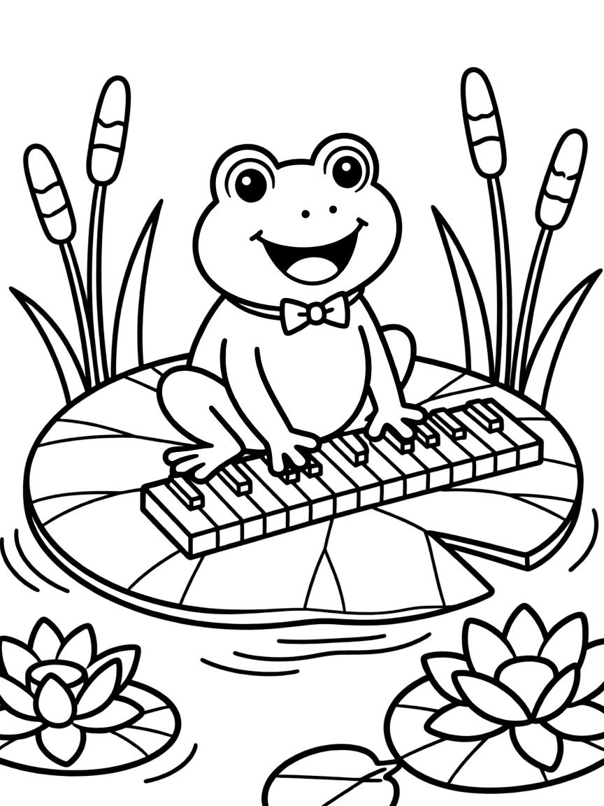 A frog composer on a lily pad piano