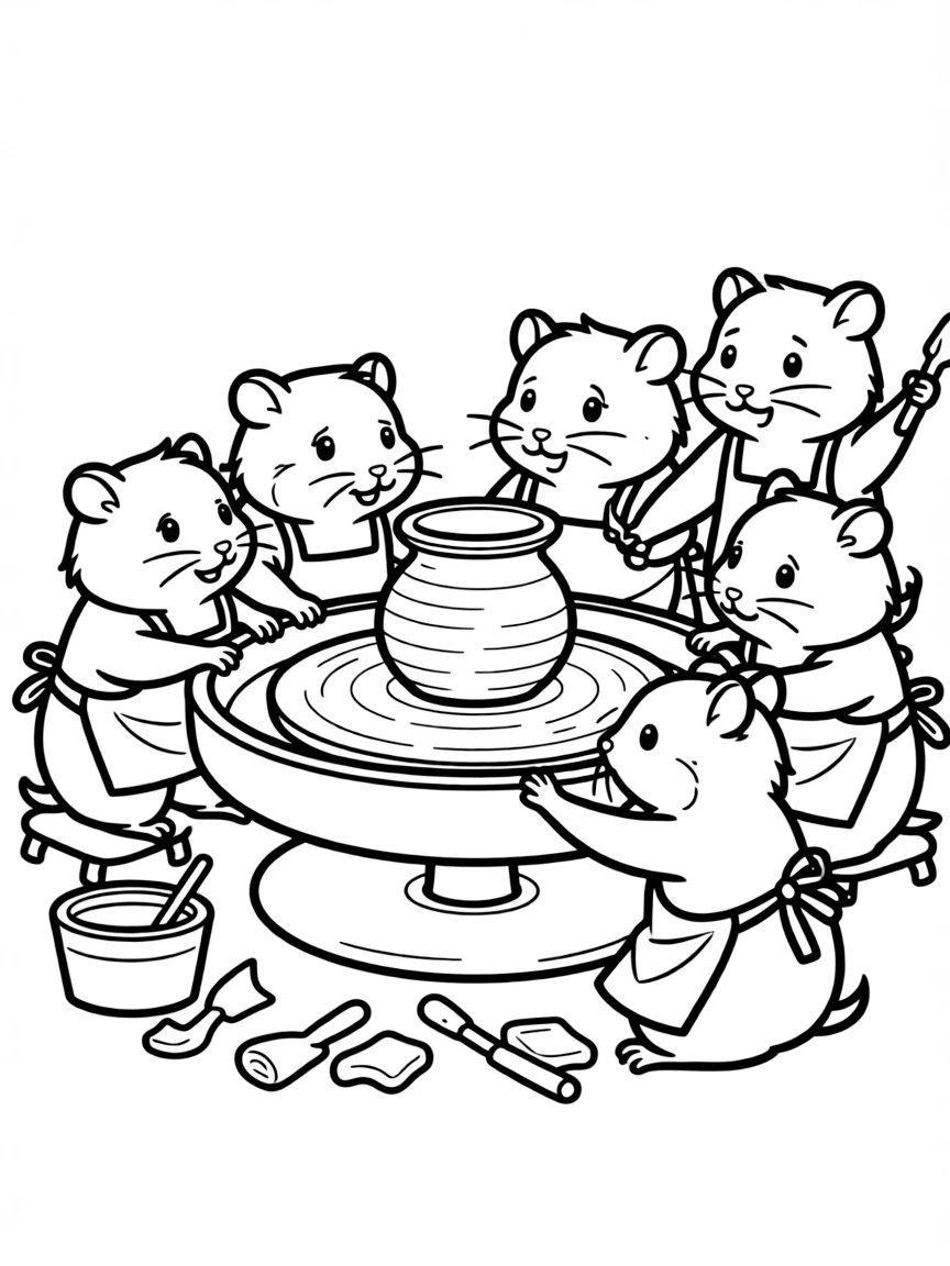 A group of hamster artists spinning wheel pottery