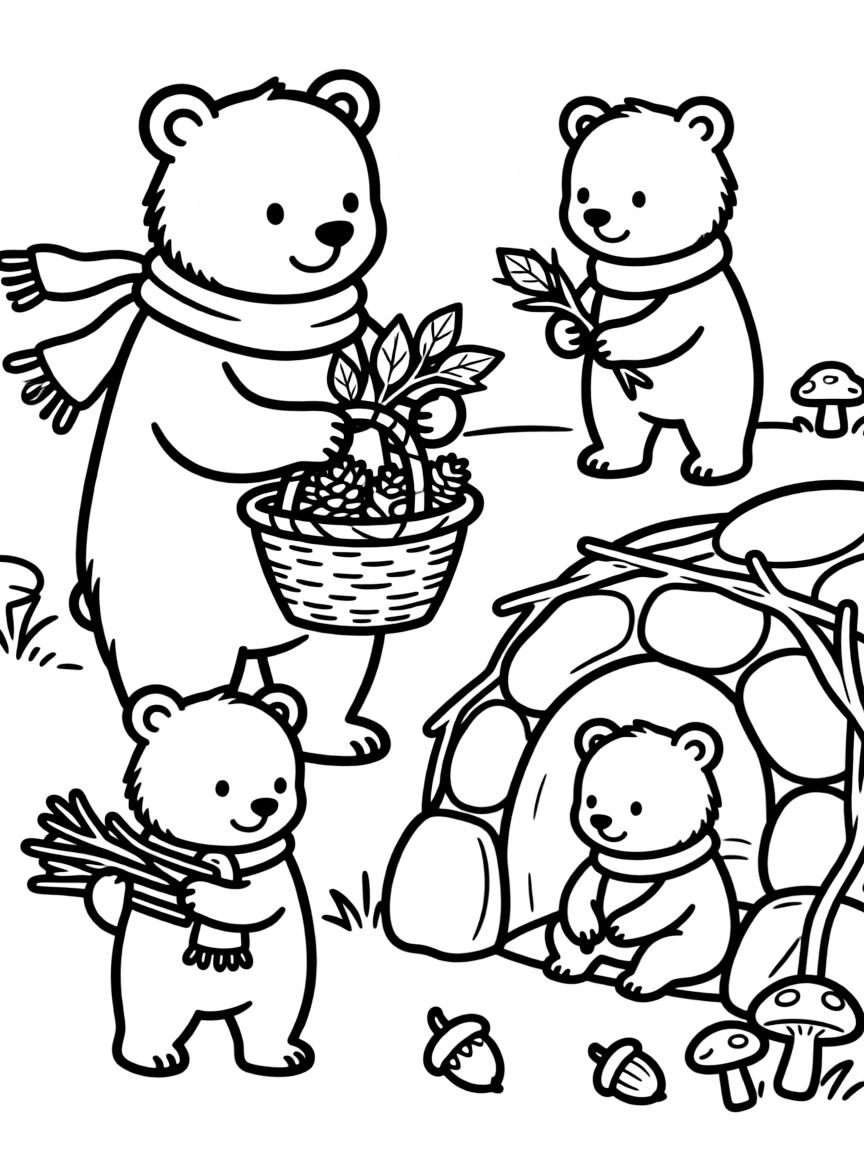 A family of bears preparing for winter hibernation