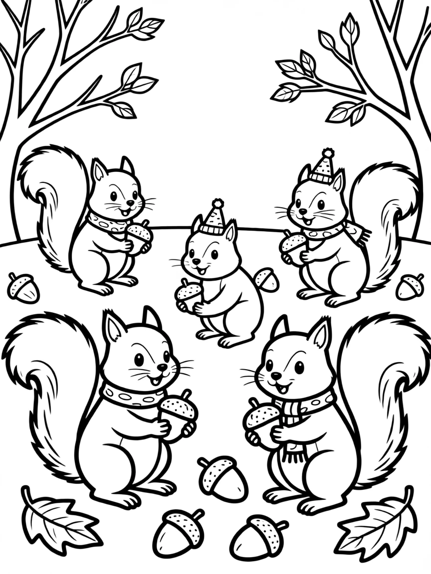 A group of squirrels collecting fall acorns