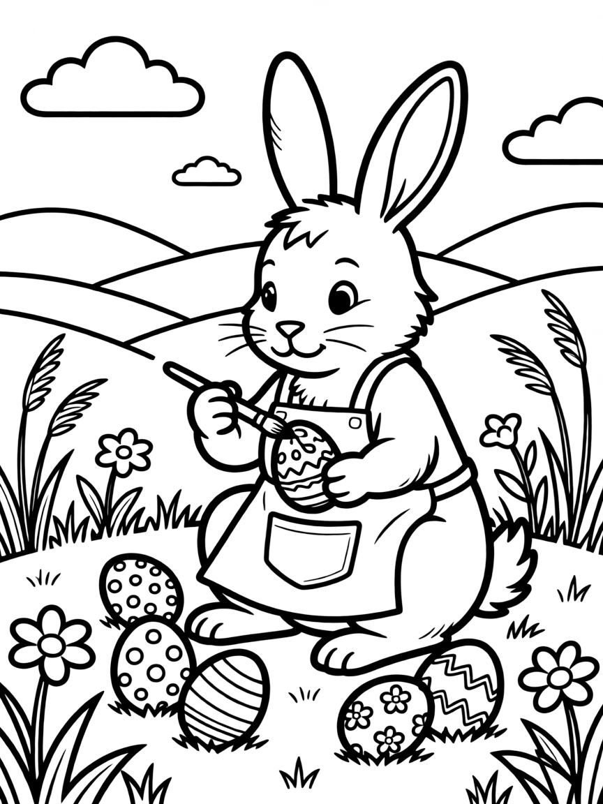 A rabbit dyeing Easter eggs in a spring meadow