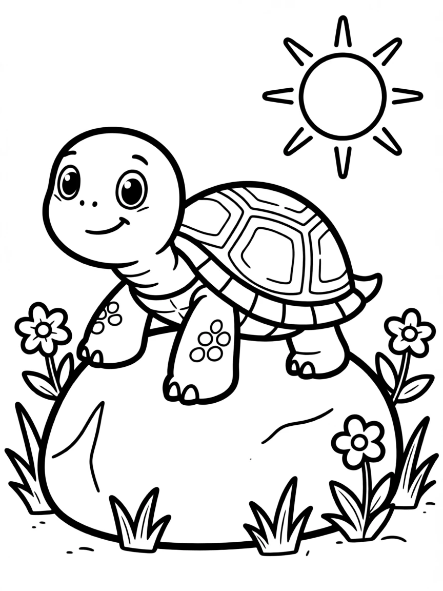 A turtle sunbathing on a summer rock