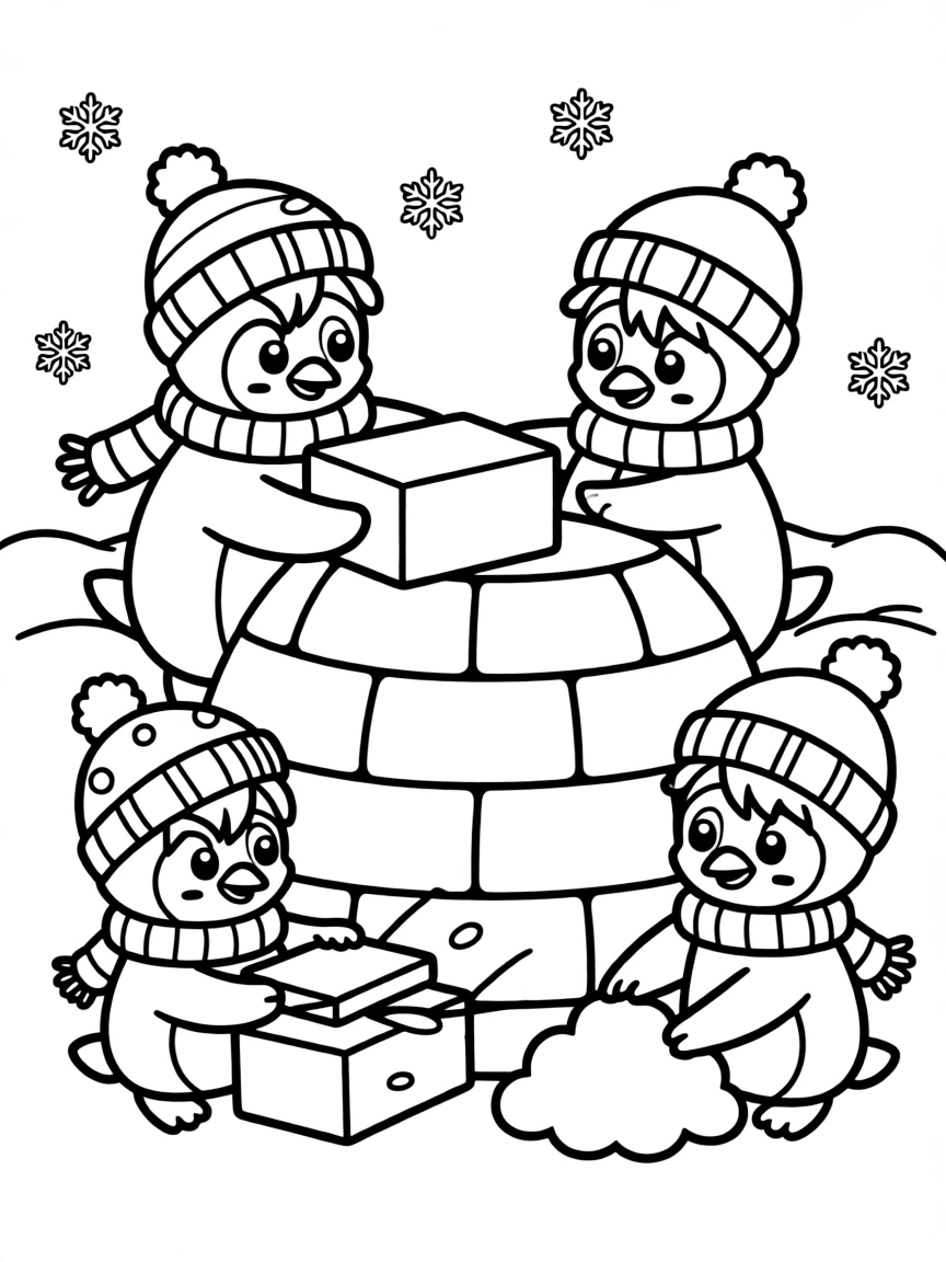 A family of penguins building a winter igloo