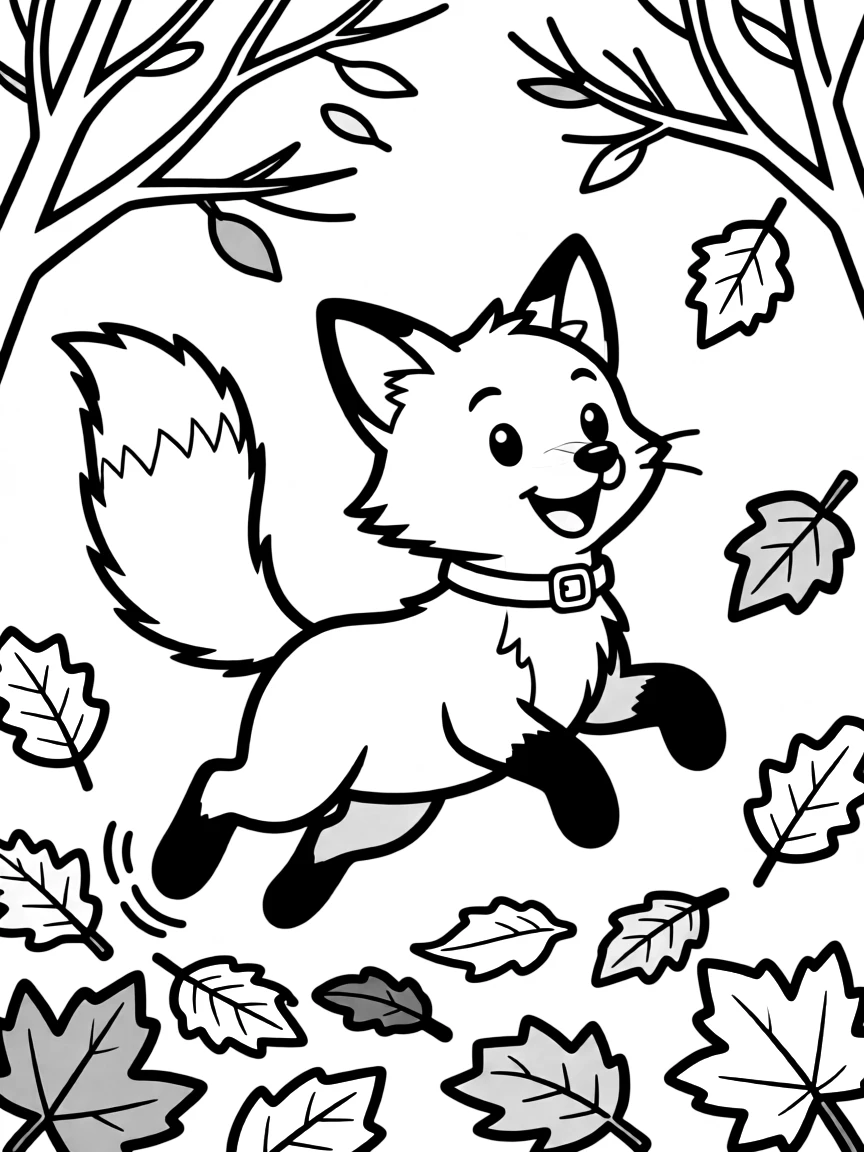 A fox kit playing in autumn leaves