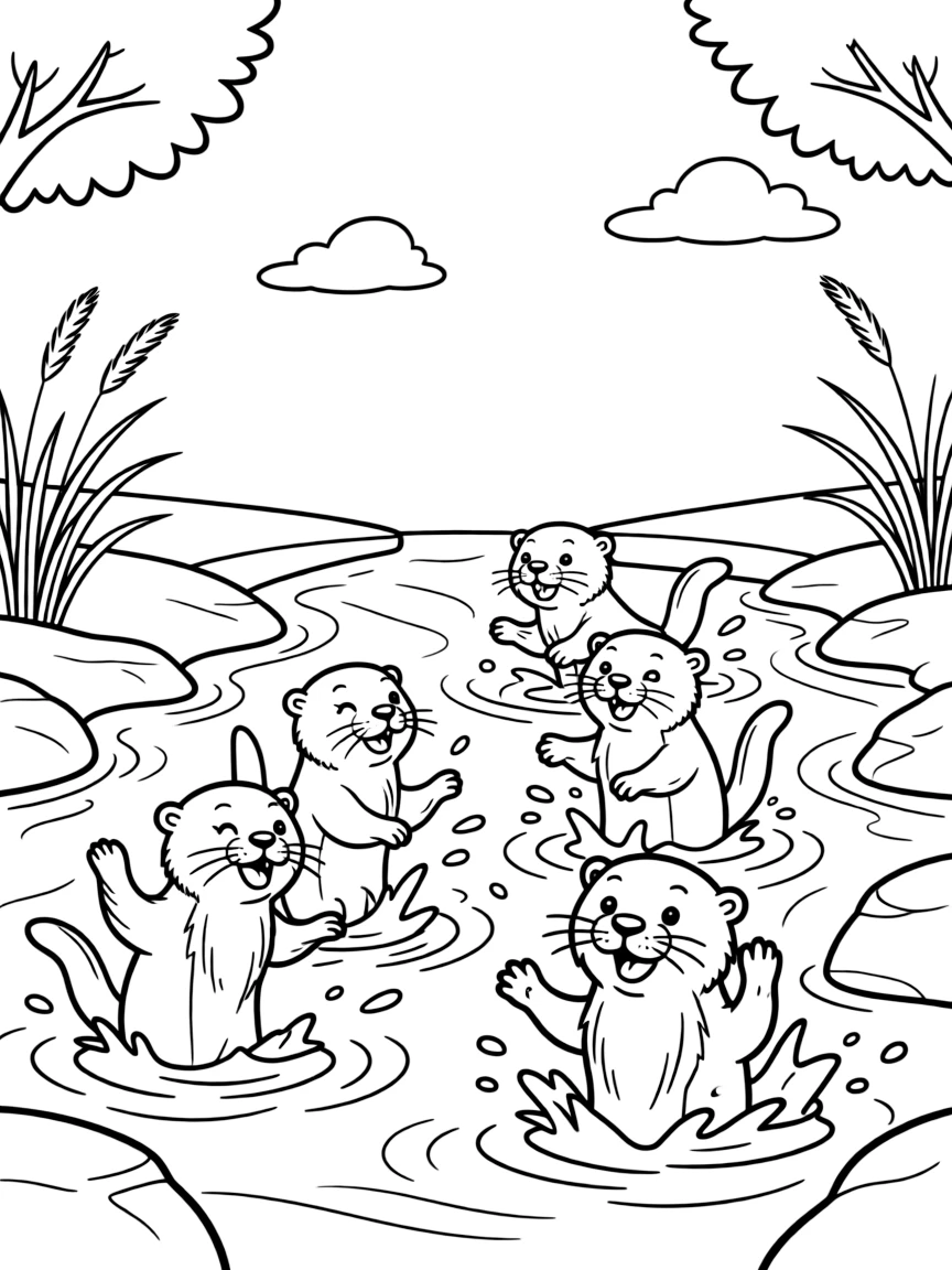 A group of otters splashing in a summer stream