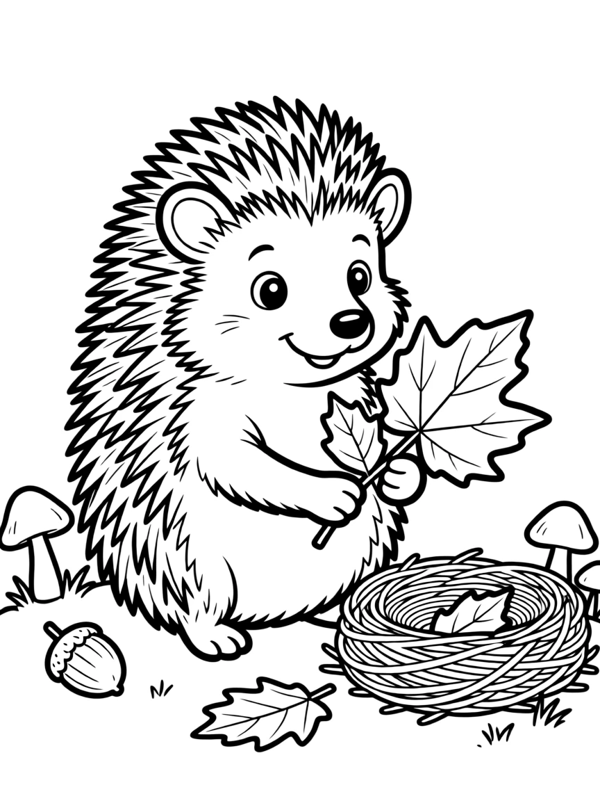 A hedgehog gathering fall leaves for its nest