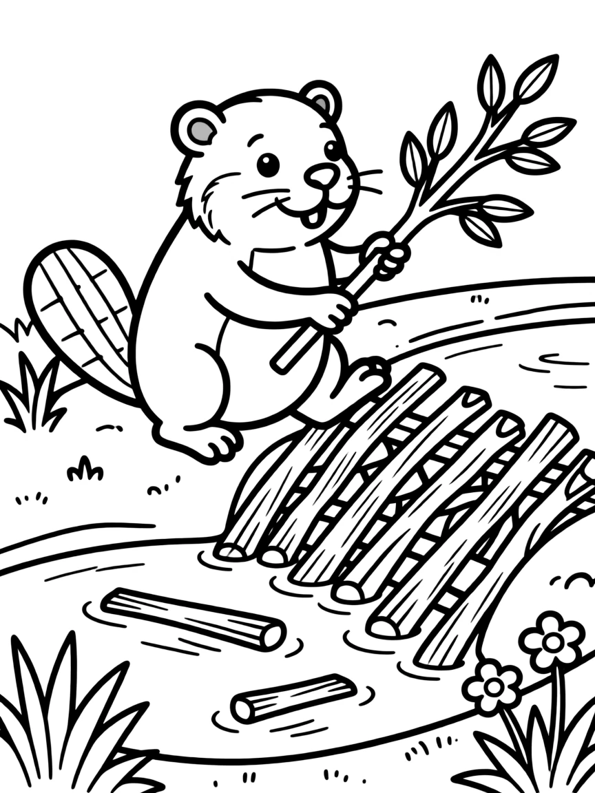 A beaver building a spring dam with fresh branches
