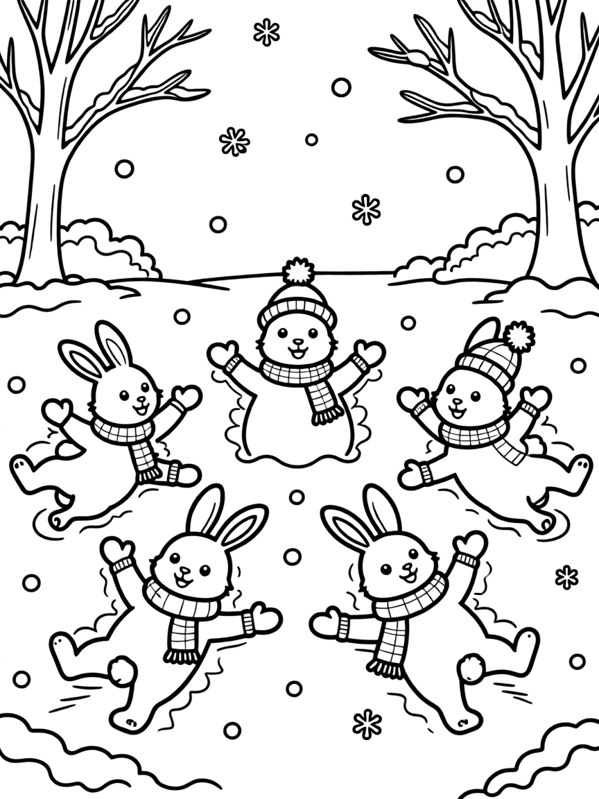 A group of rabbits making snow angels in winter