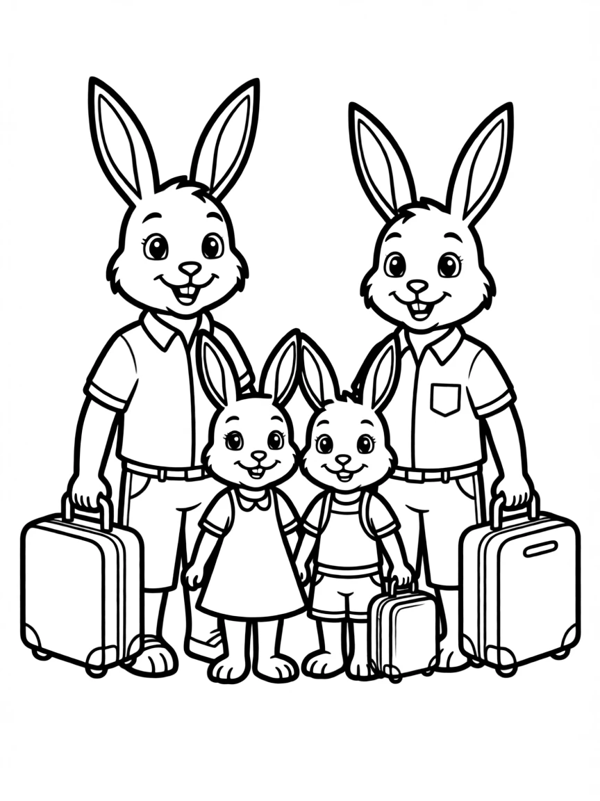 A family of rabbit travelers with matching suitcases