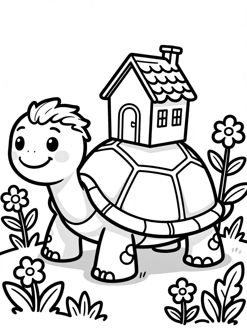 A turtle with a tiny house on its back