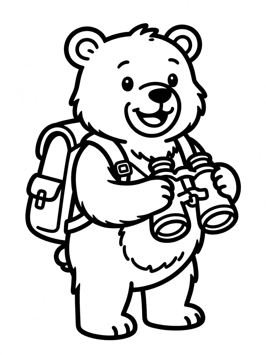 A bear with a hiking backpack and binoculars