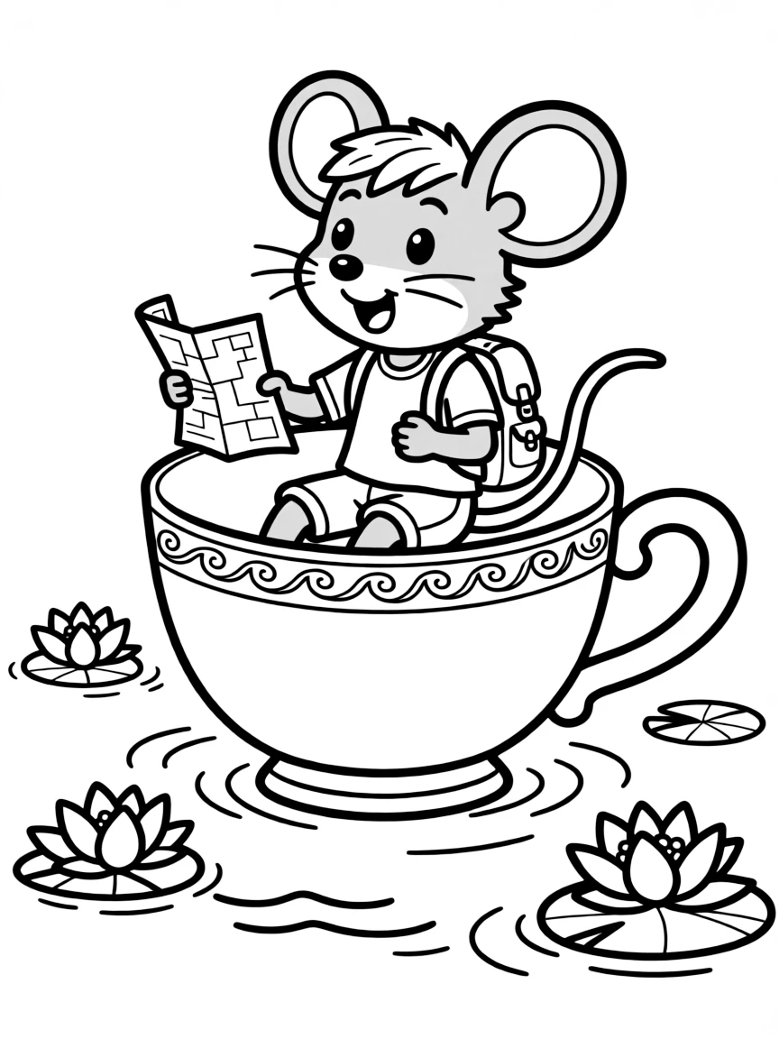 A mouse tourist riding in a teacup boat