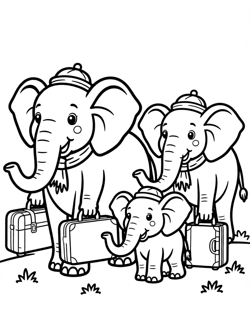 A family of elephant travelers with trunk-held luggage