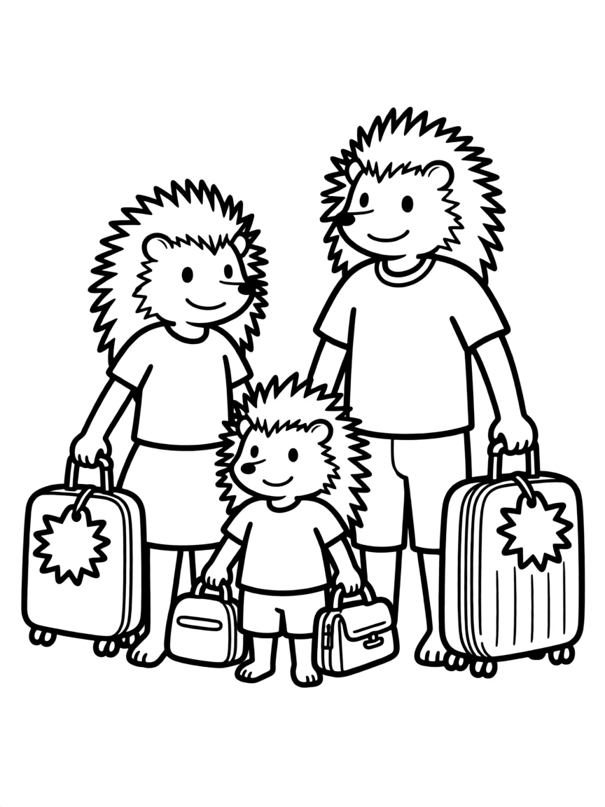 A family of hedgehog travelers with spiky luggage tags