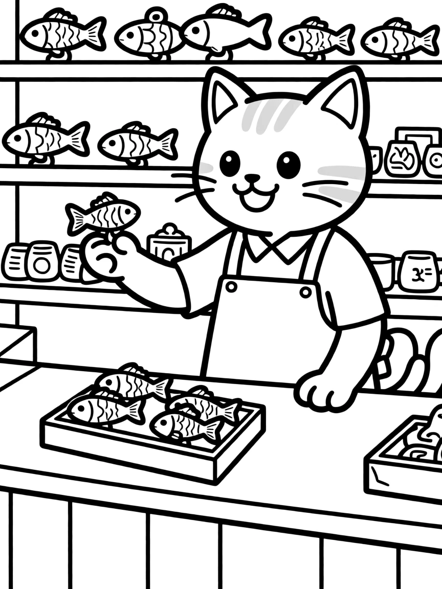 A cat shopkeeper selling fish-shaped trinkets