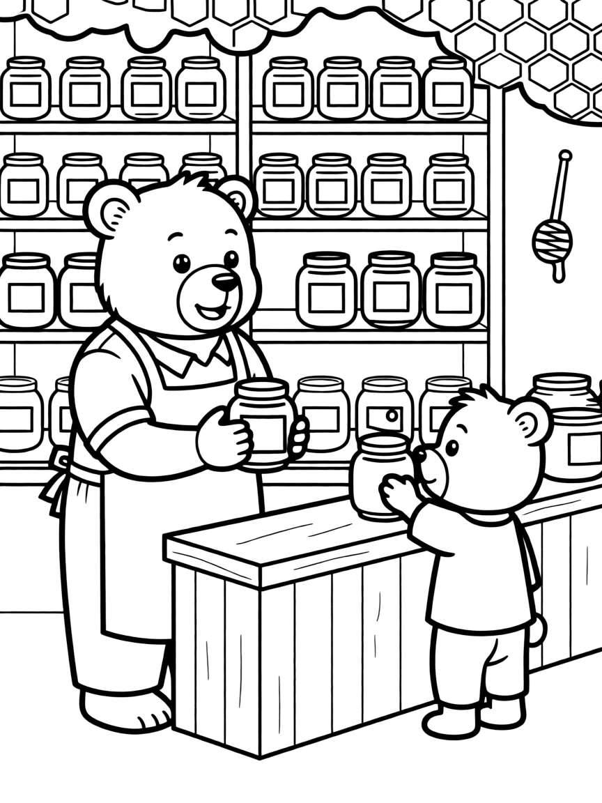 A family of bear shopkeepers in a honey store