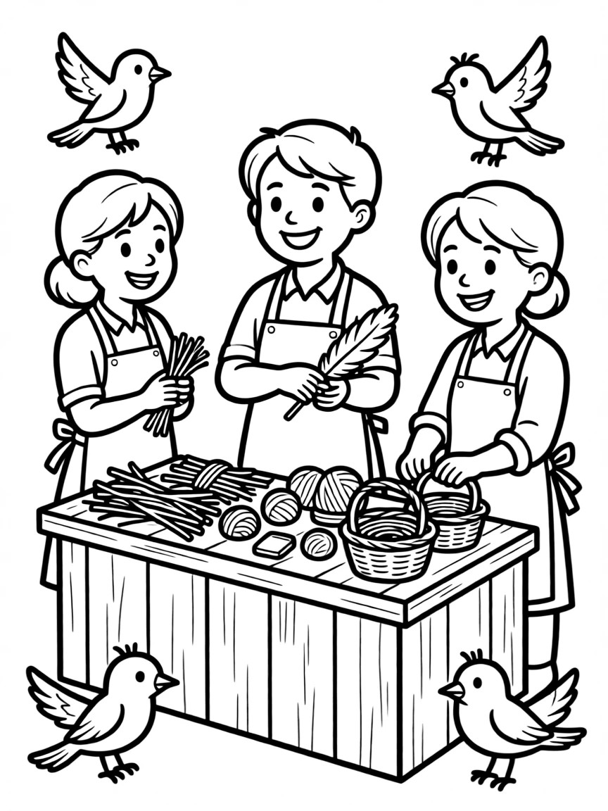 A group of bird shopkeepers selling nest-building supplies
