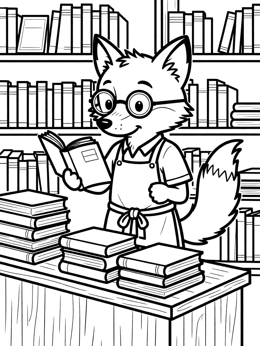 A fox bookstore owner with reading glasses