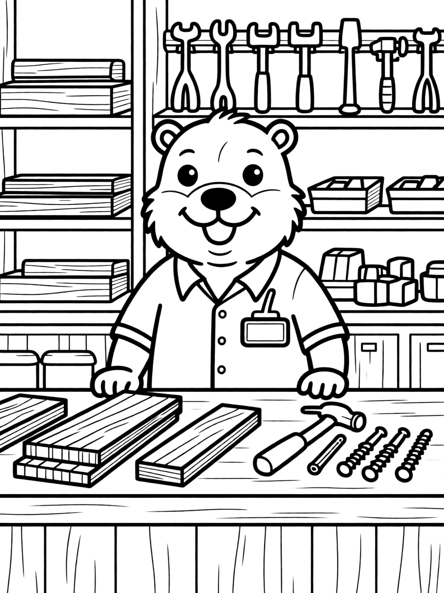 A beaver hardware store manager selling wood supplies