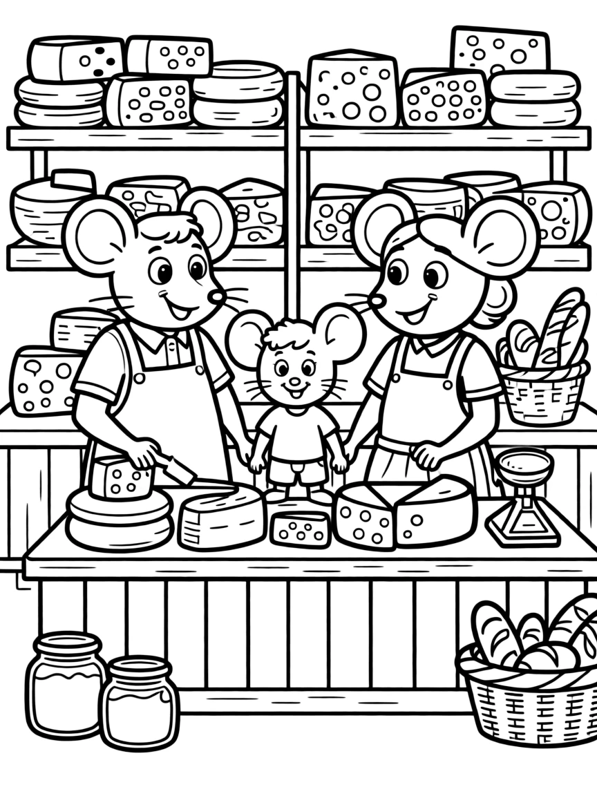 A family of mouse shopkeepers in a cheese emporium