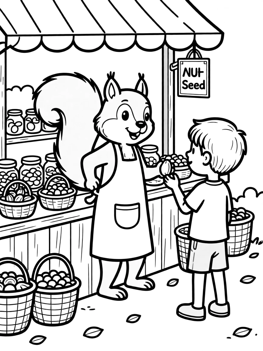 A squirrel running a nut and seed store