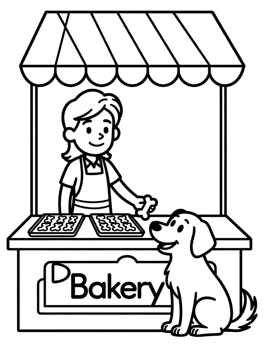 A dog bakery owner selling bone-shaped treats