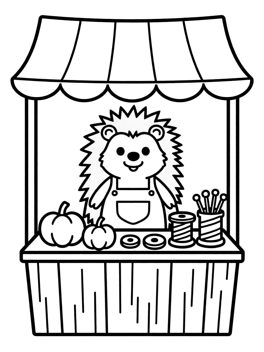 A hedgehog selling pin cushions and sewing supplies