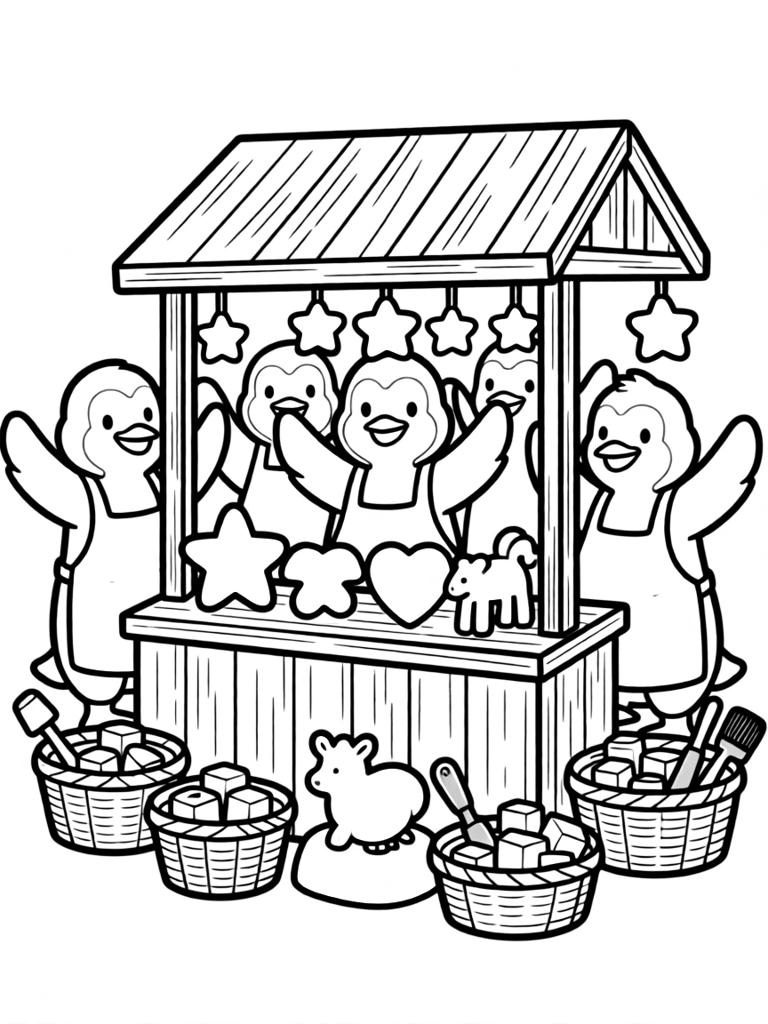 A group of penguin shopkeepers selling ice sculptures