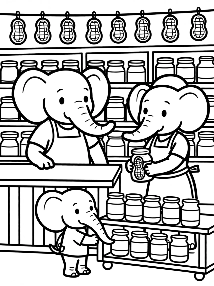 A family of elephant shopkeepers in a peanut butter store