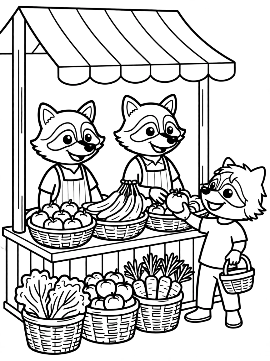 A group of raccoon shopkeepers selling washed produce