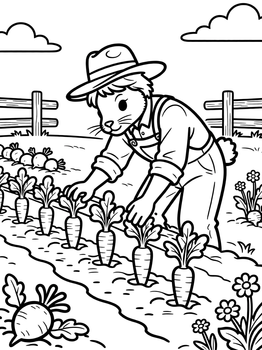 A rabbit farmer tending to rows of carrots