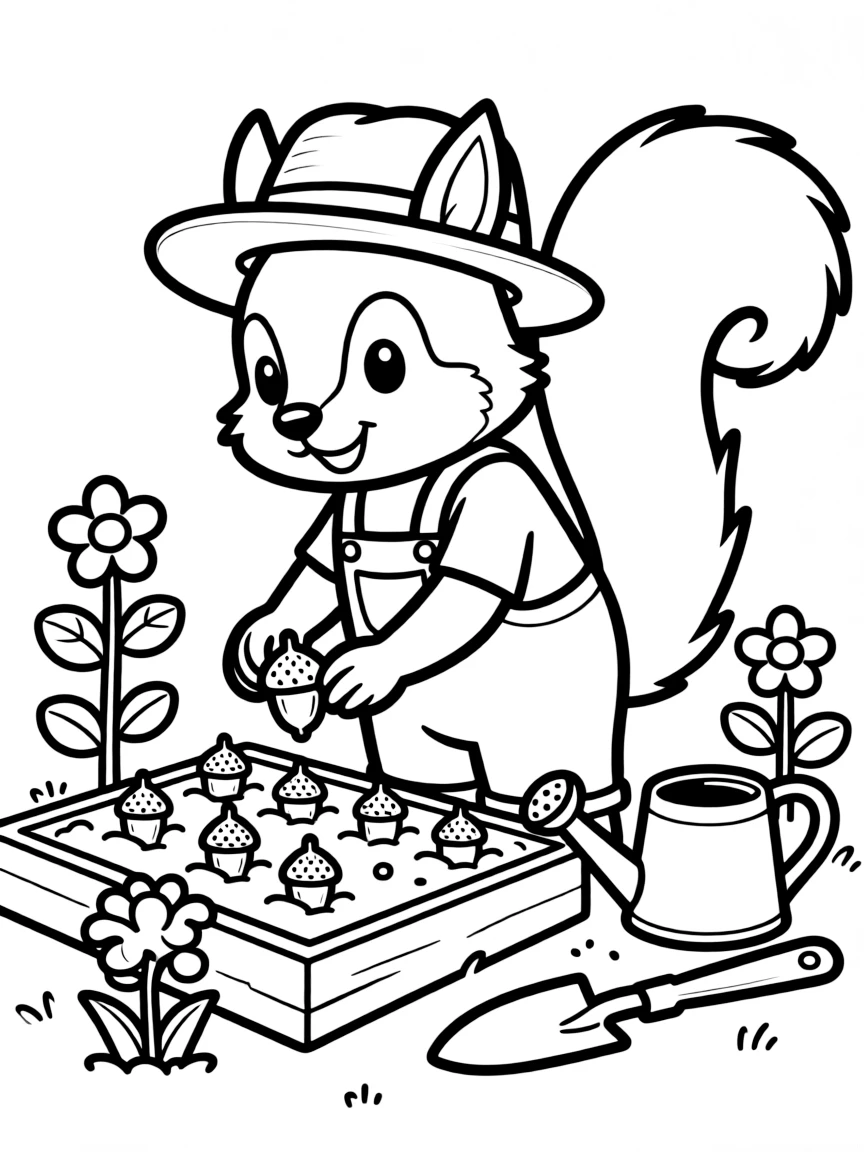 A squirrel gardener planting acorn seeds