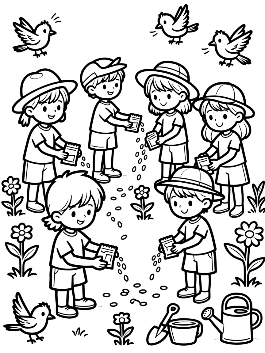 A group of bird gardeners spreading seeds