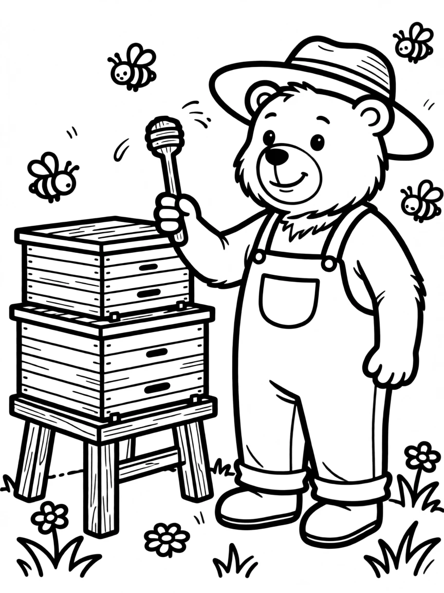 A bear farmer collecting honey from beehives