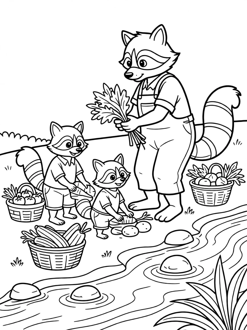 A family of raccoon farmers washing vegetables in a stream