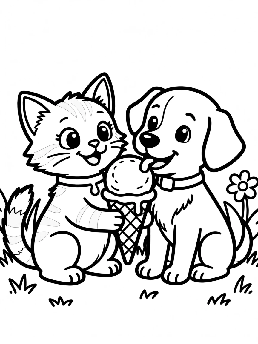 A kitten and puppy sharing an ice cream cone