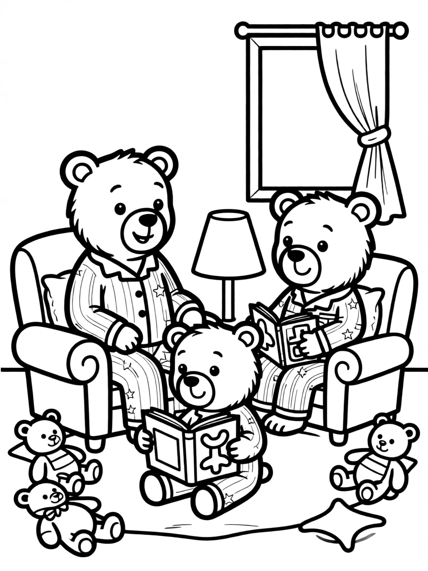 A family of bears reading bedtime stories together