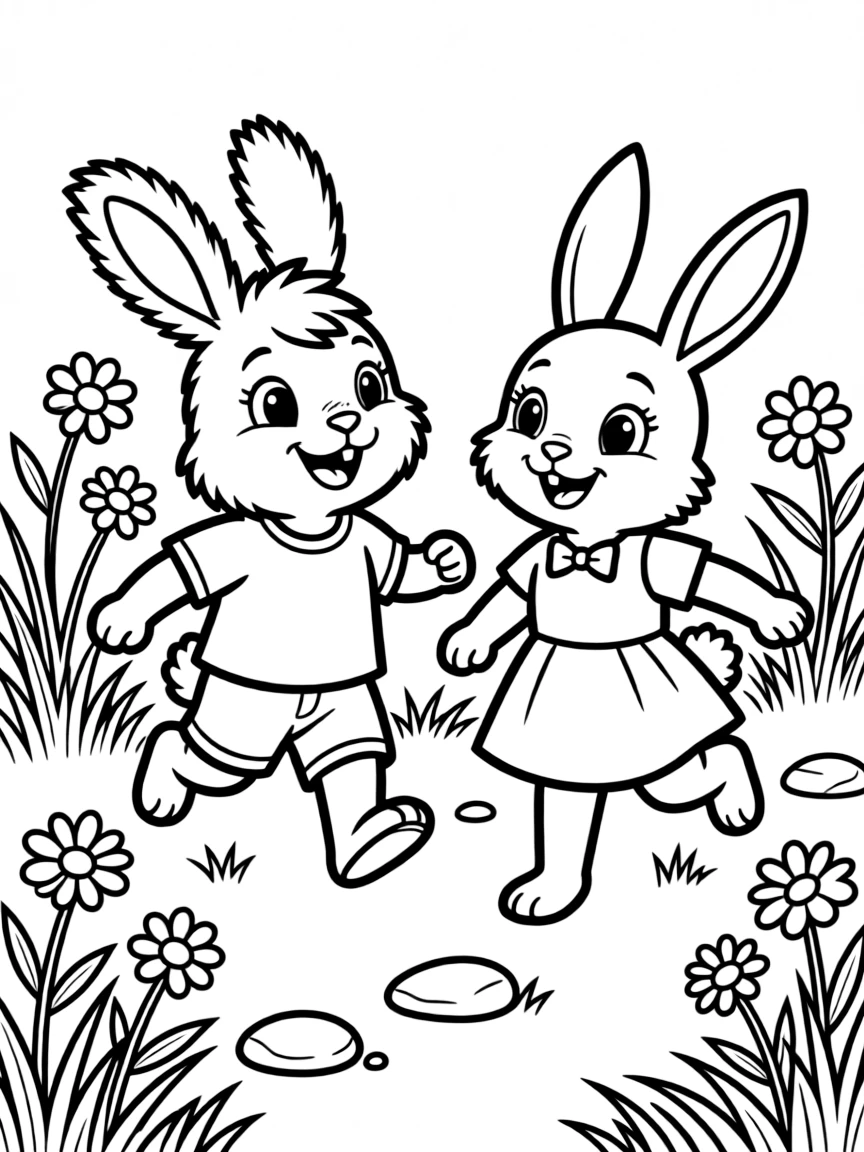 A pair of rabbit friends skipping through a meadow