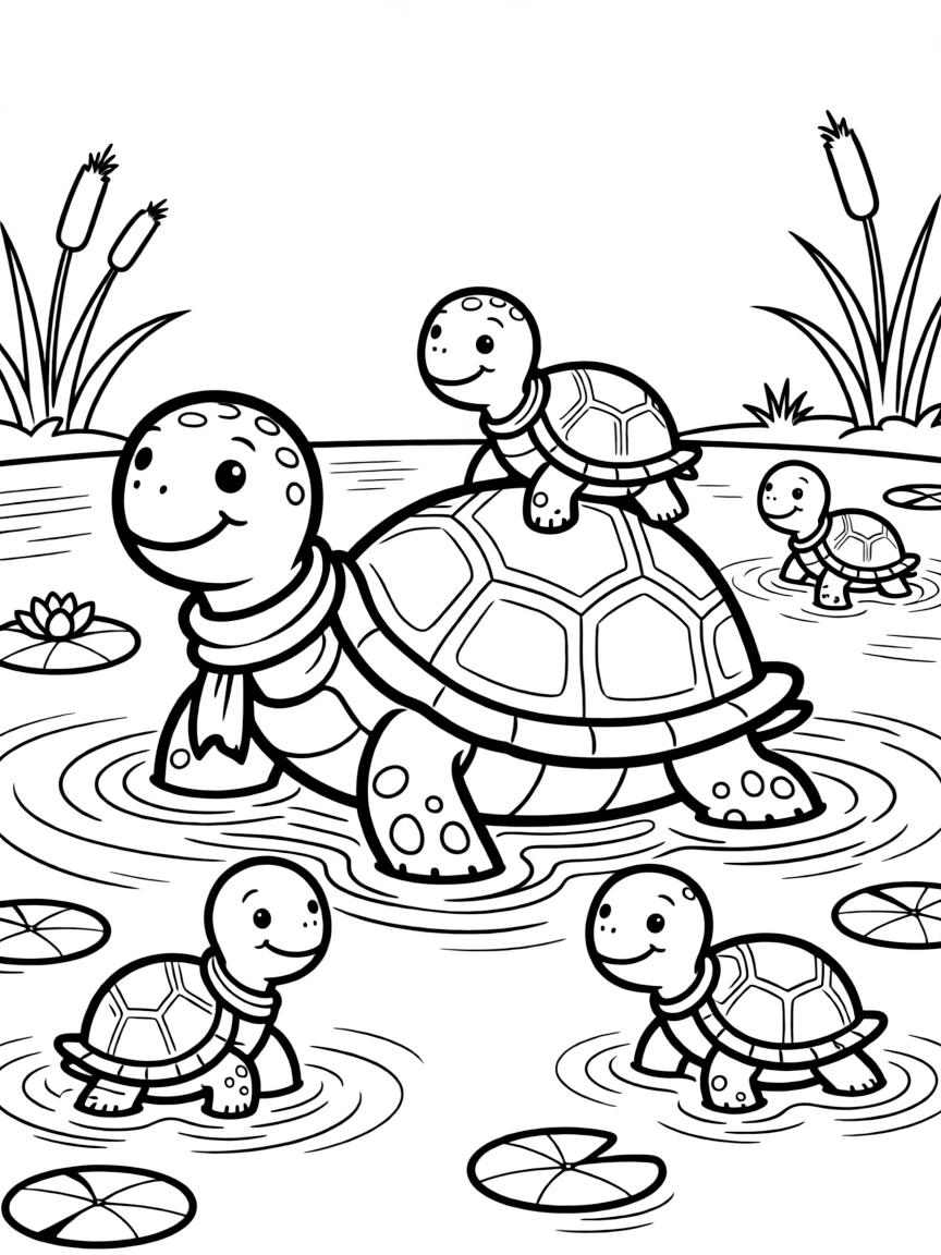 A turtle grandparent teaching baby turtles to swim