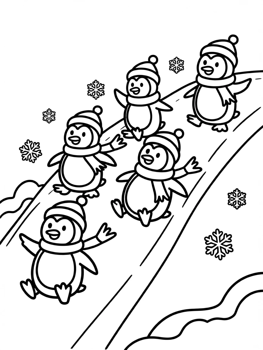 A group of penguin friends sliding down a snowy hill