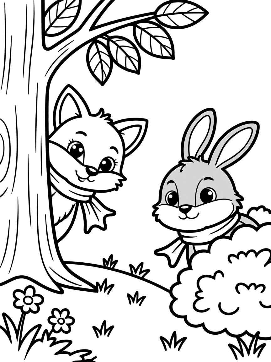 A fox kit and rabbit kit playing hide and seek