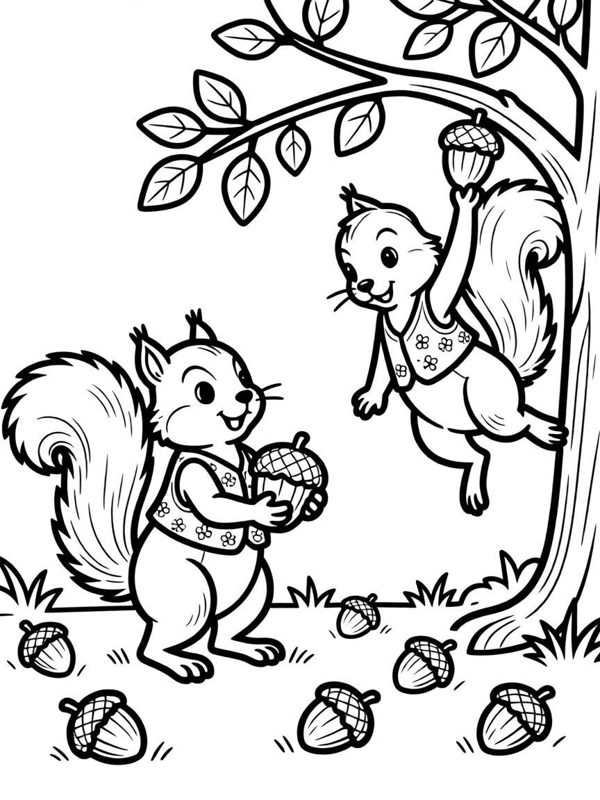 A pair of squirrel friends gathering acorns together