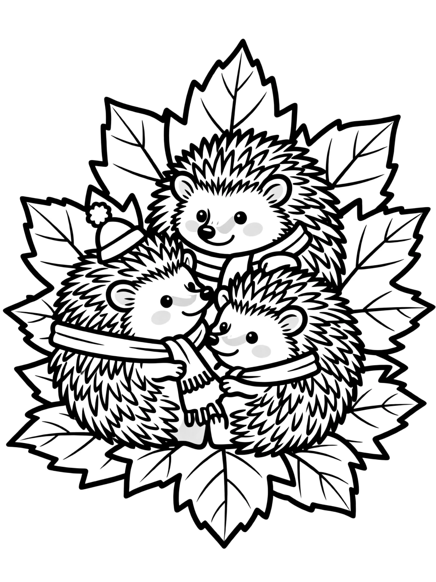 A hedgehog family snuggled in a leaf pile