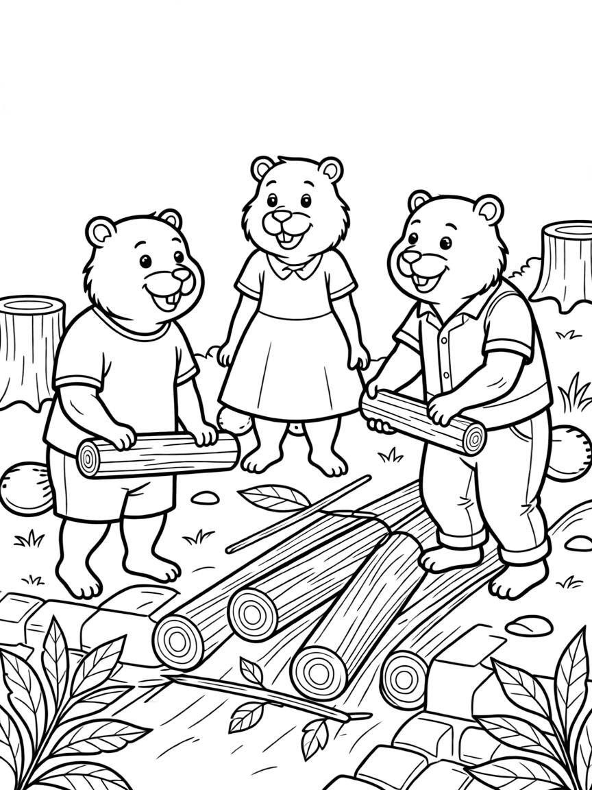 A beaver family building a dam together
