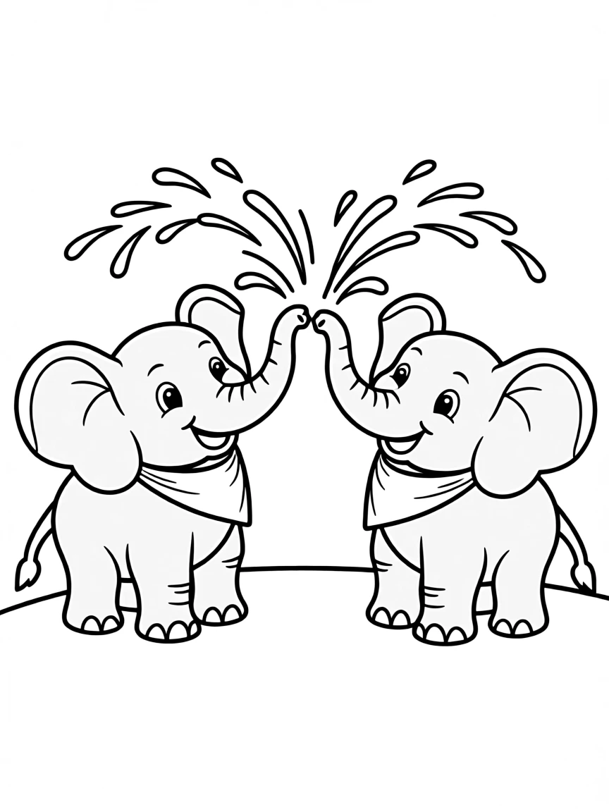 A pair of elephant friends spraying water with their trunks