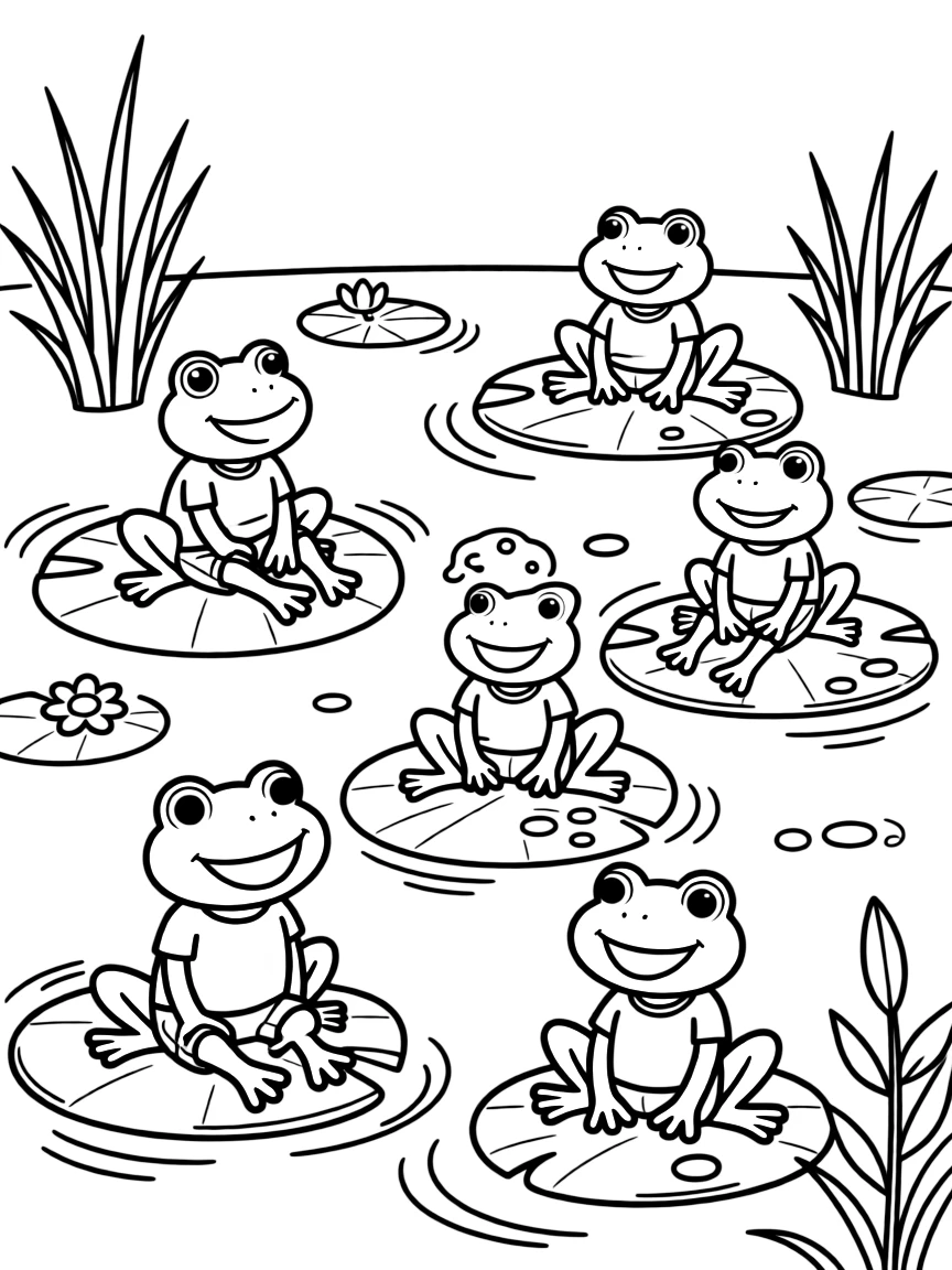A family of frog siblings on different lily pads